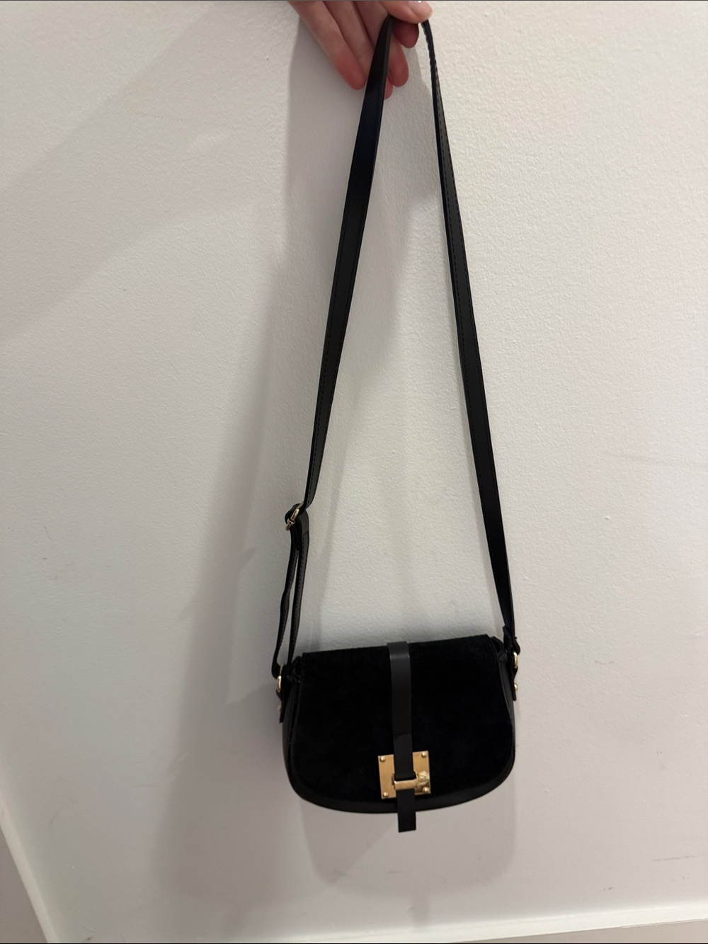Black Suede Crossbody Bag with Gold Hardware